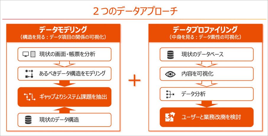 データモデリングとデータプロファイリングの2つのデータアプローチについての説明図