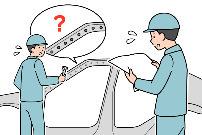 必死に2D図面と見比べながら作業しているイラスト