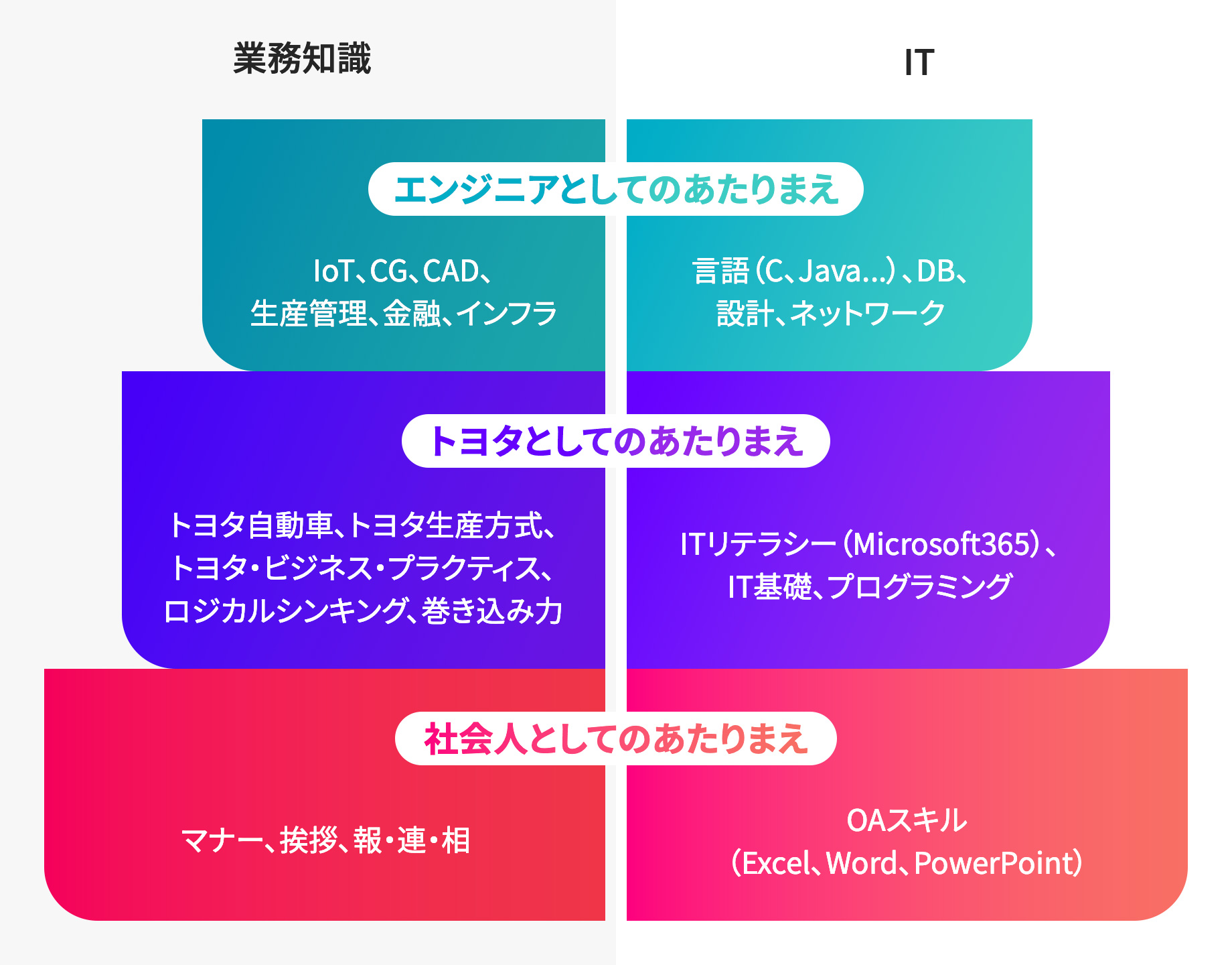 業務知識　IT　エンジニアとしてのあたりまえ　loT、CG、CAD、生産管理、金融、インフラ　言語（C,Java...）、DB、設計、ネットワーク　トヨタとしてのあたりまえ　トヨタ自動車、トヨタ生産方式、トヨタ・ビジネス・プラクティス、ロジカルシンキング、巻き込み力　ITリテラシー（Microsoft365）、IT基礎、プログラミング　社会人としてのあたりまえ　マナー、挨拶、報・連・相　OAスキル （Excel、Word、PowerPoint）